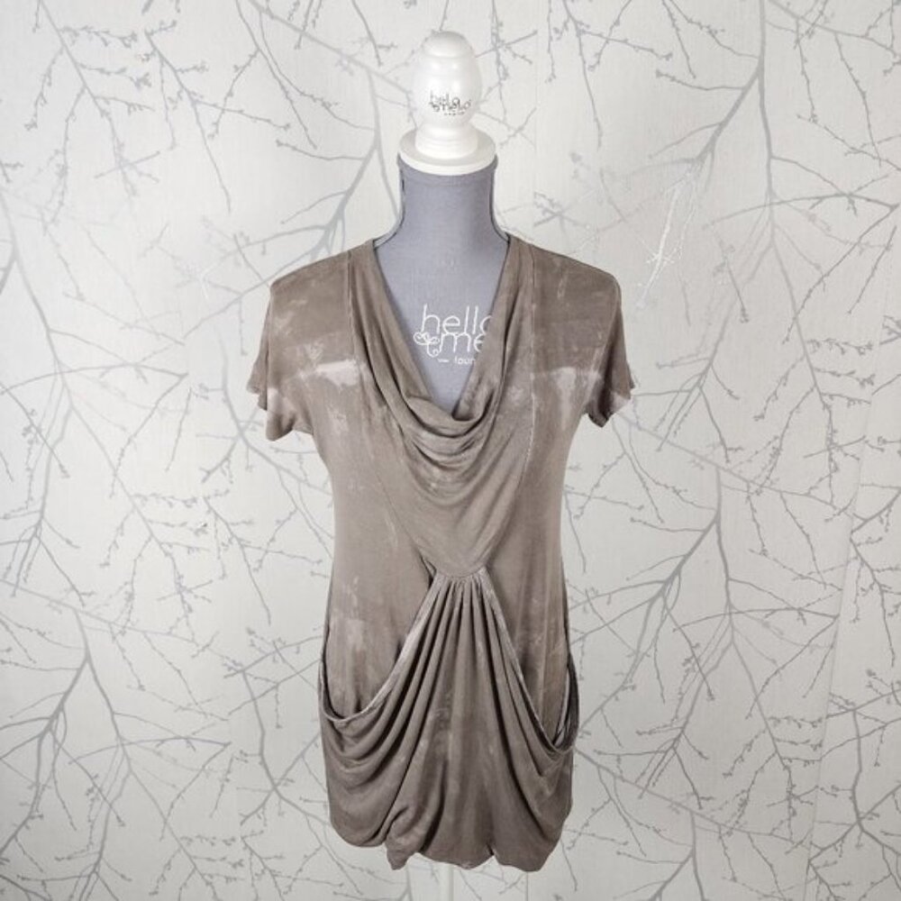 Ronen Chen Beige Washed Stretch Knit Pleated Drape Front Tunic